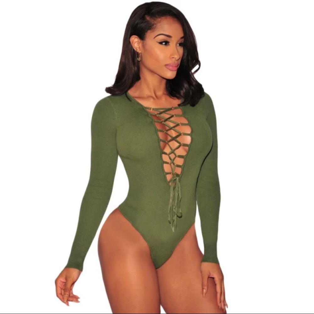 Olive knit lace up bodysuit